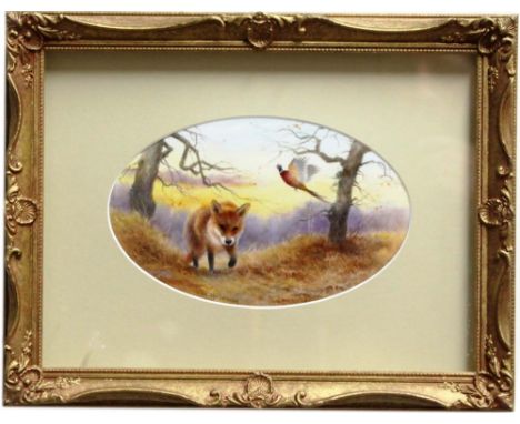 MILWYN HOLLOWAY (Royal Worcester Artist), Fox and Pheasant in Woodland, oval porcelain plaque, signed and printed mark verso,