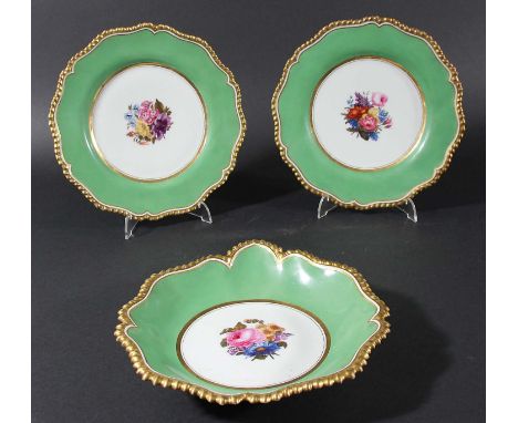 SET OF THREE FLIGHT BARR AND BARR, WORCESTER DISHES, early 19th century, painted with floral sprays inside an apple green and