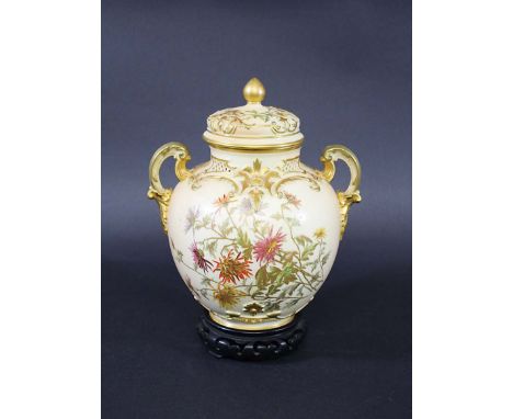 ROYAL WORCESTER VASE & COVER a blush ivory two handled vase and cover, painted with flowers and leaves and with gilded decora