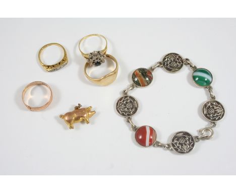 A QUANTITY OF JEWELLERY including a 9ct. gold signet ring, 5.9 grams, size X, a 9ct. gold buckle ring, 2.9 grams, size R, a 9