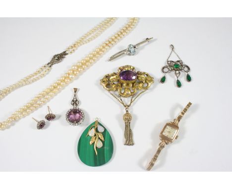 A QUANTITY OF JEWELLERY including a lady's 9ct. gold wristwatch by Marvin, on a 9ct. gold bracelet, a malachite and opal set 