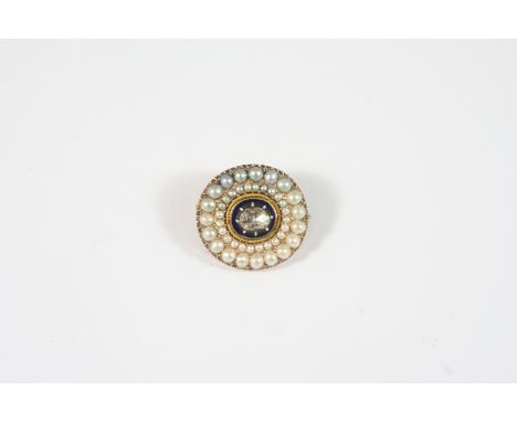 A GEORGIAN DIAMOND, ENAMEL AND PEARL BROOCH the blue enamel centre is mounted with an oval rose-cut diamond within a double b