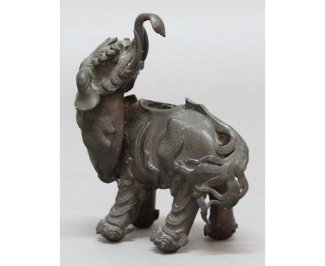 CHINESE BRONZE ELEPHANT CENSER, standing with its head turned, lacking cover or flue, height 17cm