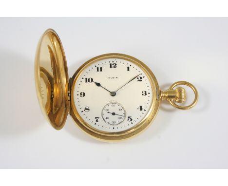 AN 18CT. GOLD FULL HUNTING CASED POCKET WATCH BY ELGIN the signed white enamel dial with Arabic numerals and subsidiary secon