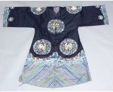 CHINESE EMBROIDERED LADIES SILK GOWN, JIFU, worked in coloured silks with roundels of a central crane surrounded by lotus, pr
