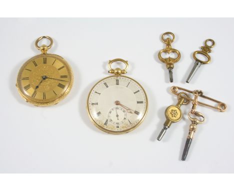 AN 18CT. GOLD OPEN FACED POCKET WATCH the white enamel dial with Roman numerals and subsidiary seconds dial, with engine turn