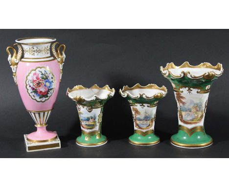 CHAMBERLAIN'S WORCESTER VASE, painted with a floral spray on a rose pompadour ground and beneath a pair of swan handles, iron