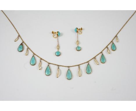 AN ENAMEL AND PEARL SET DROP NECKLACE formed with alternate turquoise enamel pear-shaped drops and pearl drops, in 9ct. gold,