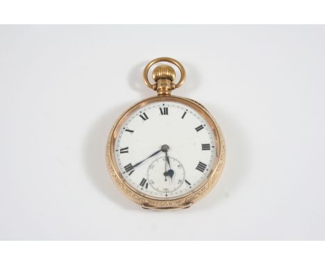A 9CT. GOLD OPEN FACED POCKET WATCH the white enamel dial with Roman numerals and subsidiary seconds dial, with foliate engra
