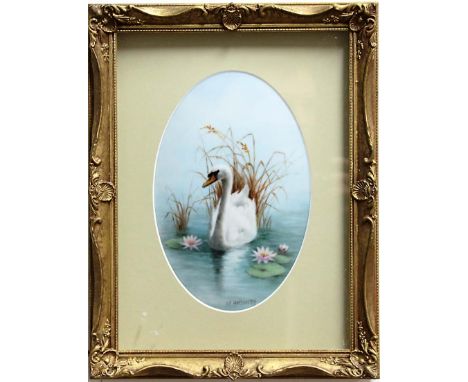 MILWYN HOLLOWAY (Royal Worcester Artist), Swan amongst water lilies, oval porcelain plaque, signed and printed mark verso, 21