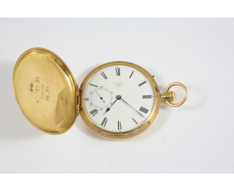 AN 18CT. GOLD FULL HUNTING CASED POCKET WATCH BY E.J. DENT, LONDON the signed white enamel dial with Roman numerals and subsi