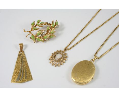 A GREEN ENAMEL AND DIAMOND FOLIATE BROOCH set in gold, together with a gold oval-shaped locket pendant, on an 18ct. gold squa