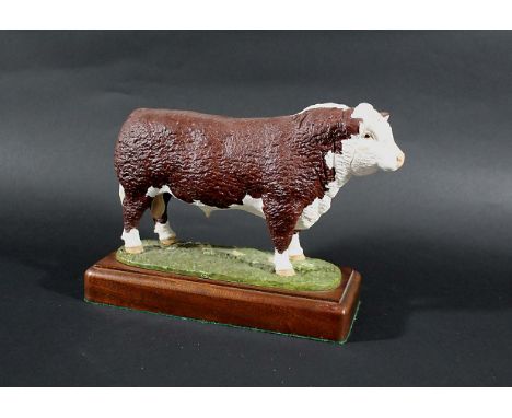 SHEBEG POTTERY - HEREFORD BULL, ISLE OF MAN a limited edition pottery model of a Hereford Bull, mounted on a wooden plinth. S