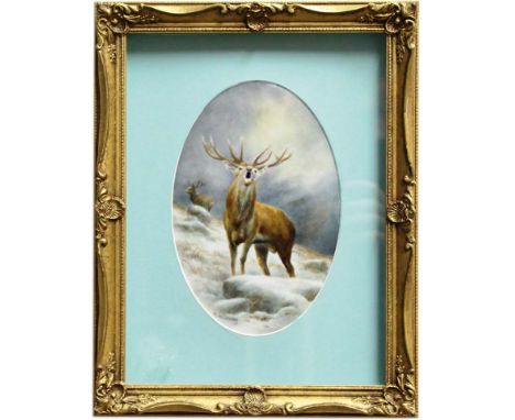 MILWYN HOLLOWAY (Royal Worcester Artist), Stag in Winter, oval porcelain plaque, signed and printed mark verso, 21cm  x13.5cm
