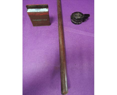 A 1043 MKIII military compas by T.G. & Co London, a leather covered swagger stick and a metal military water proof cigarette 