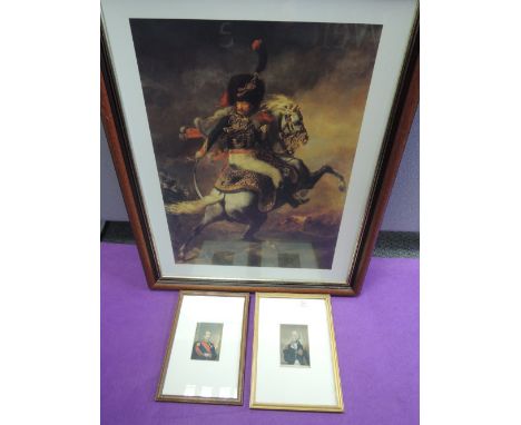 A large print of Cavalry office fighting on horse back, a small early print of a military officer and a small early print of 