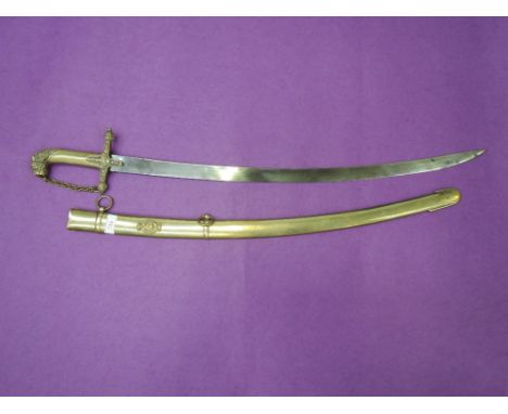 A British Dragoon Guard's sword 1825 with brass handle and lions head pommel, decorative quillions and plain blade, brass sca