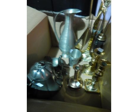 Brass fireside companion set, rose and scroll decorated, EPBM teapot, pair brass candlesticks and other metal items 