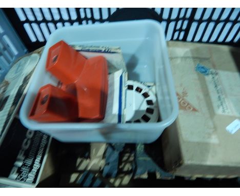 Wooden painted fort, a film stips projector and film and other items (1 box) 