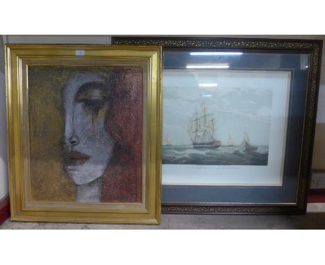 An abstract half portrait, oil on board and a marine print of H.C.S. Macqueen, framed 