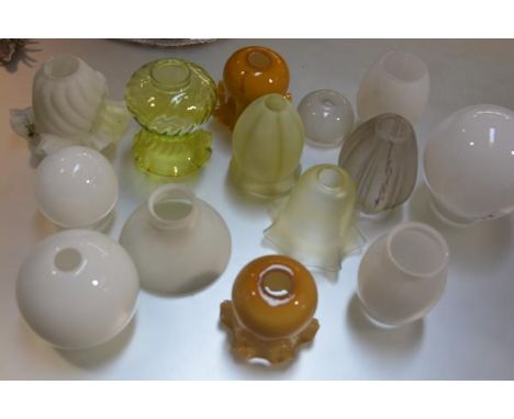 A collection of fourteen various globe crimped light shades including two vaseline glass (a lot)