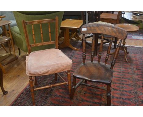 A 19th century spindle back ash kitchen chair (legs cut) and an Edwardian beech framed spar back bedroom chair on turned supp