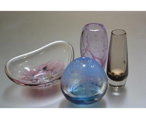 A Caithness amethyst spiral heart engraved ovoid vase, a Caithness smoked glass vase, a Bawley Caithness engraved Ship's desi