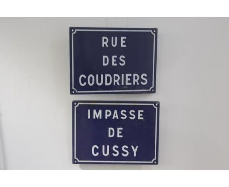 A pair of blue and white enamel French street signs. 30cm by 40cm