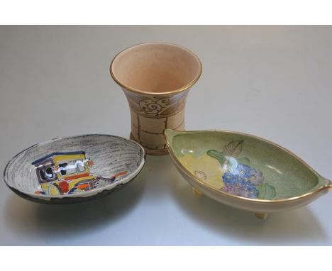 A Bursley Ware Charlotte Rhead cylinder vase with tube outlined and floral decoration, a Grays Pottery handpainted navette sh