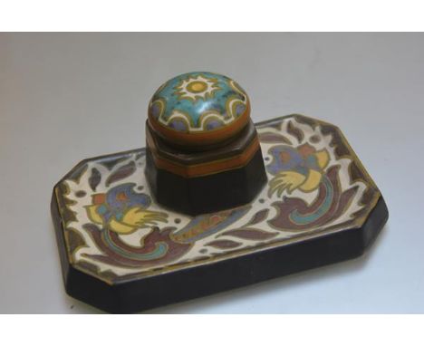 A Gauda Tabris desk inkstand complete with original top and brass inkwell liner, with traditional flowers and tubelined decor