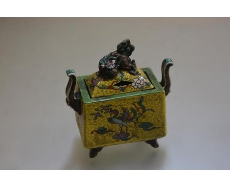 A modern Chinese censor with kylin figure surmount, with twin scroll handles,  with famille jaune decoration