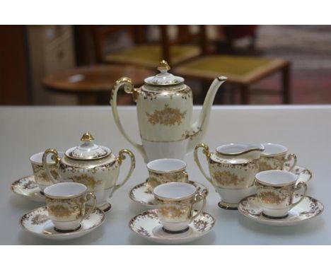 A Meito handpainted Noritake style fifteen piece coffee set complete with coffee pot, two handled sugar basin and milk jug, d