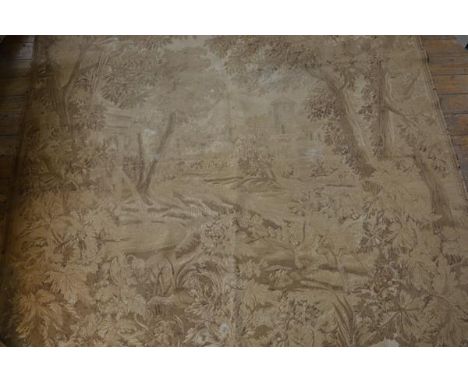 A machine made 18thc style tapestry panel depicting a Turreted House in Forrest (188cm x 189cm) (faded)