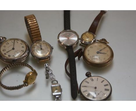 A collection of wristwatches inc. a Westclox pocket watch, 19th century silver open face pocket watch, Ingersoll style wristw