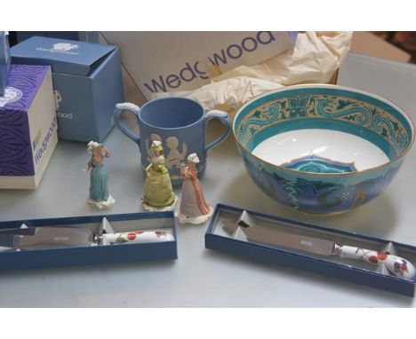 A Wedgwood Vauxhall Gardens Collection bisque figure, Fair Priscilla, and another three including Hope, a Wedgwood jasparware