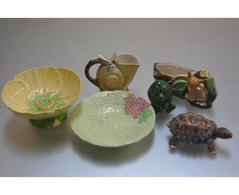 A Carltonware leaf and daisy decorated dish, a Melba ware moulded saucer, a Hornsea pottery cornucopia jug with butterfly, a 