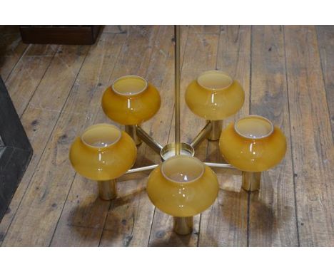 A 1960's copper finish five branch amber glass shade pendant light fitting with a matching set of three wall lights. Ceiling 