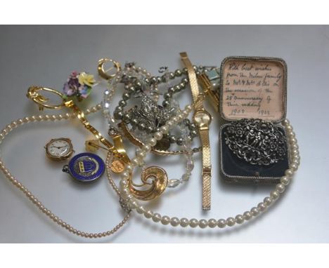A group inc. paste pearl necklaces, 9ct gold lady's wristwatch with enamel dial, ceramic brooch etc (a lot)