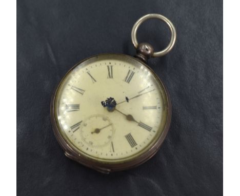 A silver open face key wound pocket watch, the white dial with Roman numerals and subsidiary dial, with shield engraving and 