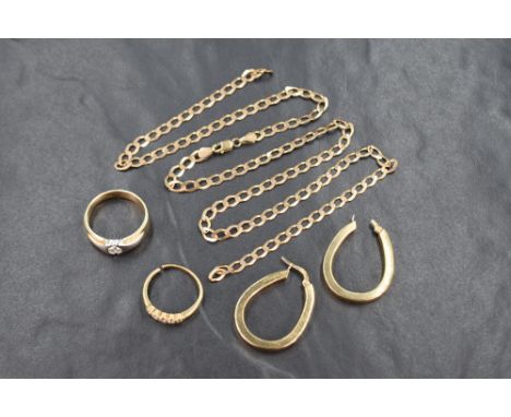 An assortment of 9ct gold and yellow metal jewellery, comprising a broken 9ct curb link chain, a broken pair of 9ct hoop earr