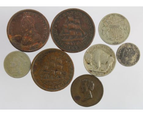 USA etc (7): Washington portrait piece 1783 large military bust cleaned VG-F; two Hard Times tokens dented nVF and GF; nickel