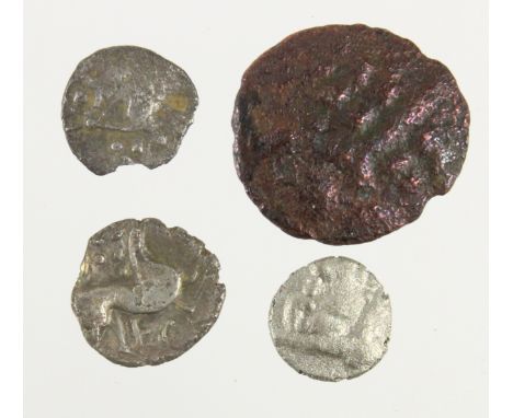 Celtic coins (4): Iceni ECEN symbol type silver unit S.445, ABC 1660, Fine; one of the Regni chipped nF; a bronze core stater