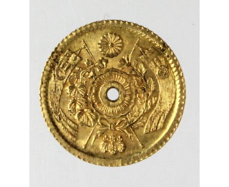 Japan gold Yen yr. 4 (Mutsuhito) 1871, high dot, Y# 9, 1.65g, EF, light scratches rev, a small hole punched through the centr