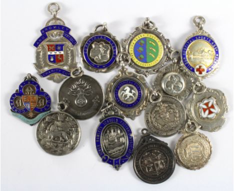 British Sporting Fobs (14) hallmarked or 'sterling' marked silver, including football-related such as Heart of Midlothian, et