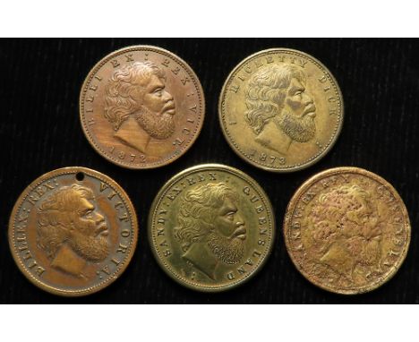 Australian Commemorative Medals (5) aborigine medalets struck at exhibitions, bronze/gilt d.22mm: 'BILLI EX: REX: VICT. 1872'