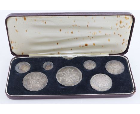 Specimen Set 1887 (7 coins) Crown to Threepence including arabic 1 Double-Florin, and garter Sixpence; overall light iridesce