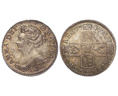Shilling 1708 third bust, plain angles, S.3610, lightly toned EF/GEF, slightly off-centre. Ex. Bonhams, Peter Bateman Collect