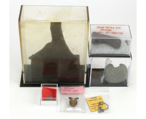 Artefacts, Viking (6): Iron axe head 10.5cm x 10cm (medieval?) with some crude striations and star decorations; an iron axe h