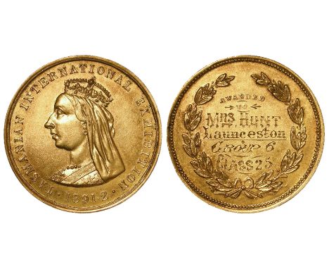 Australian Prize Medal, unmarked silver-gilt d.32.5mm, 17.80g: Tasmanian International Exhibition 1891-2 / Awarded to 'Mrs HU