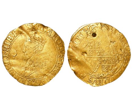 Charles I hammered gold Double-Crown, gorup D, mm. harp, S.2702, 4.22g, straightened, dented/plugged Fine.